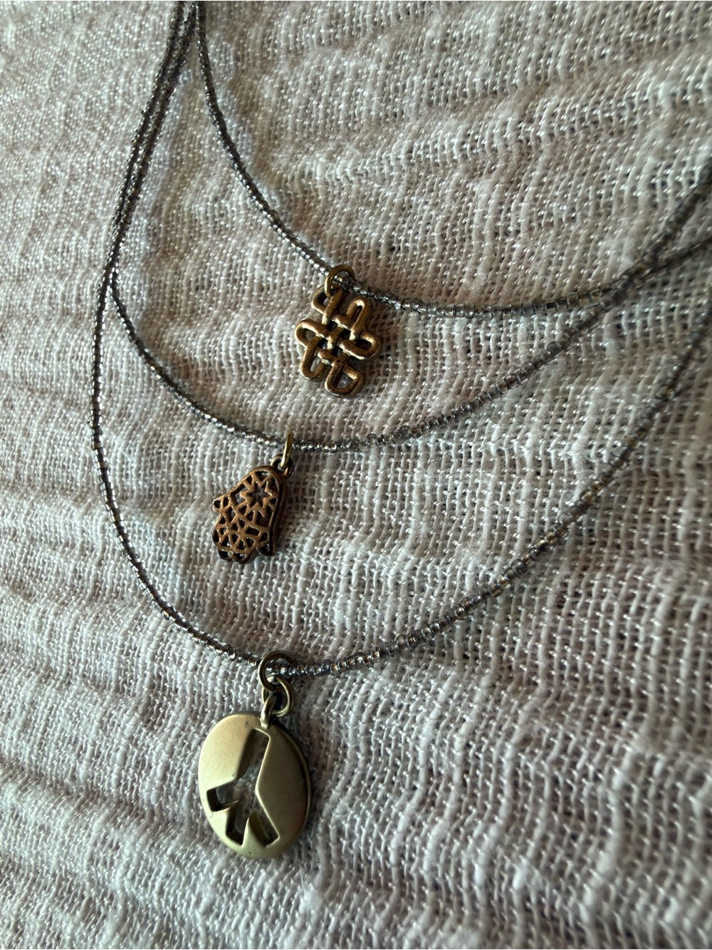 Vintage Style Triple Strand Charm Necklace Peace Hamsa Mystic Knot
